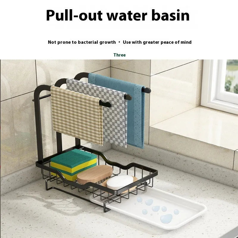 Foldable white plastic storage rack for draining kitchen cloths, shown in wall-mounted and desktop positions.