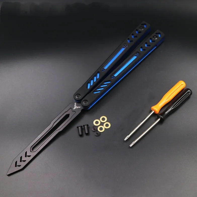Unbladed ether butterfly knife with G10 anti-slip patch on aluminium handle, view of side profile