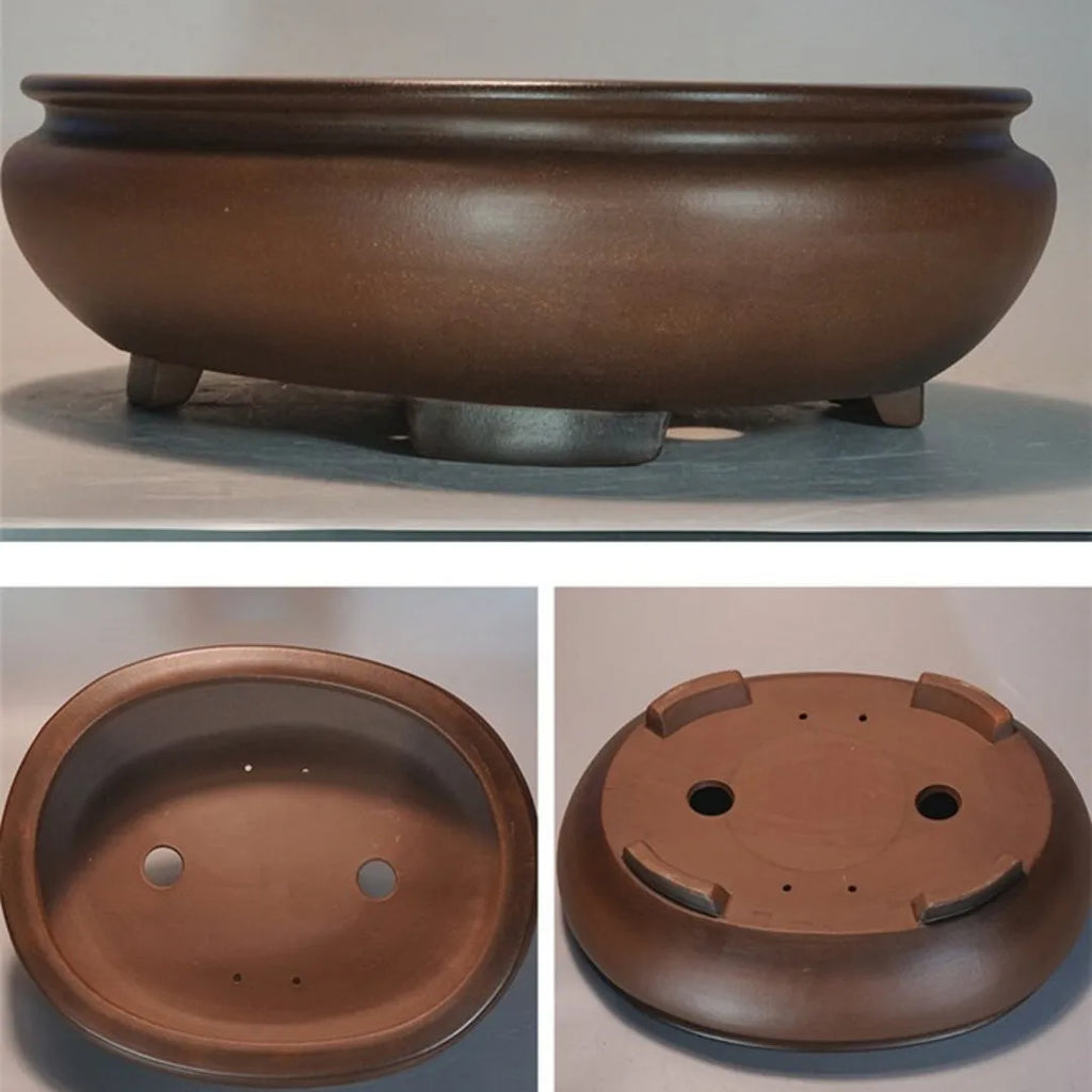 Handmade classical purple clay flowerpot for indoor desktop use.