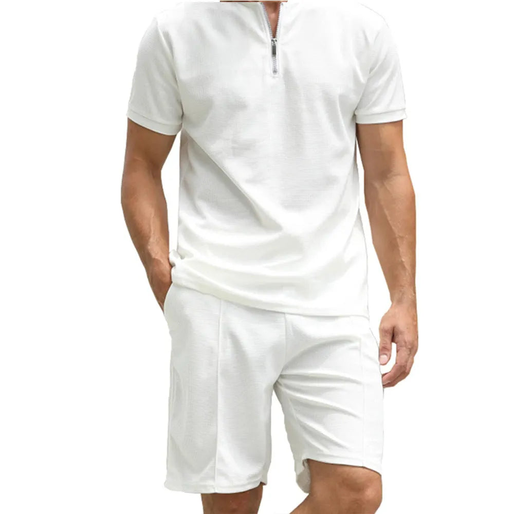 Men's solid colour polo shirt suit two-piece set in beaded bird's eye fabric with Asian sizing options