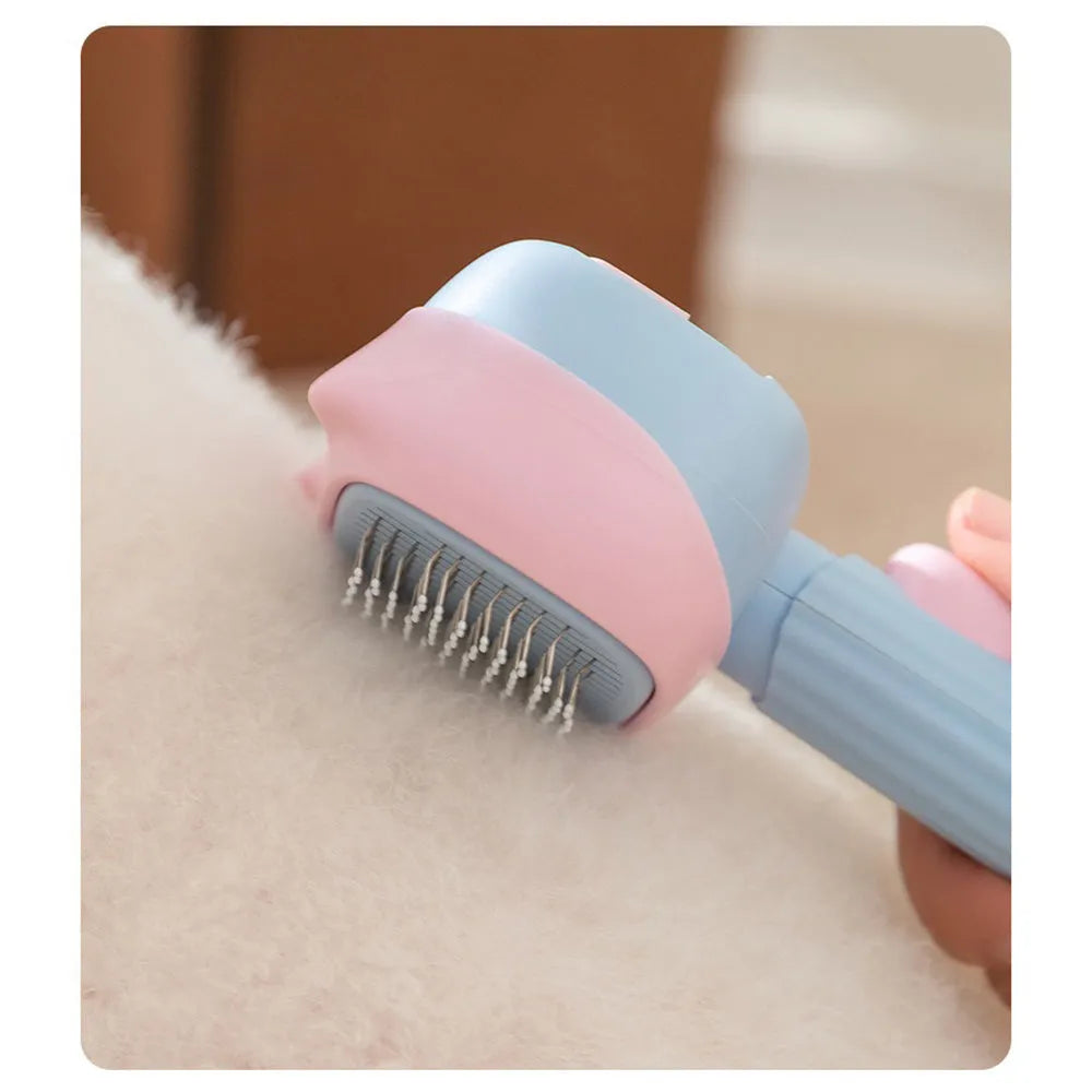 Blue double-sided pet grooming brush with deshedding teeth and dematting comb, 195mm long
