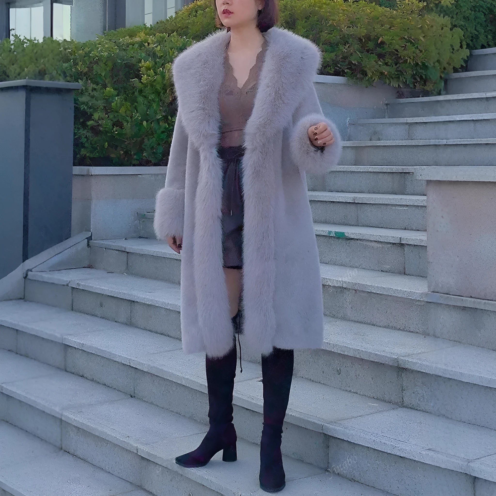 Women's grey thick faux rabbit fur mid-length coat with regular sleeves and a faux fur collar.