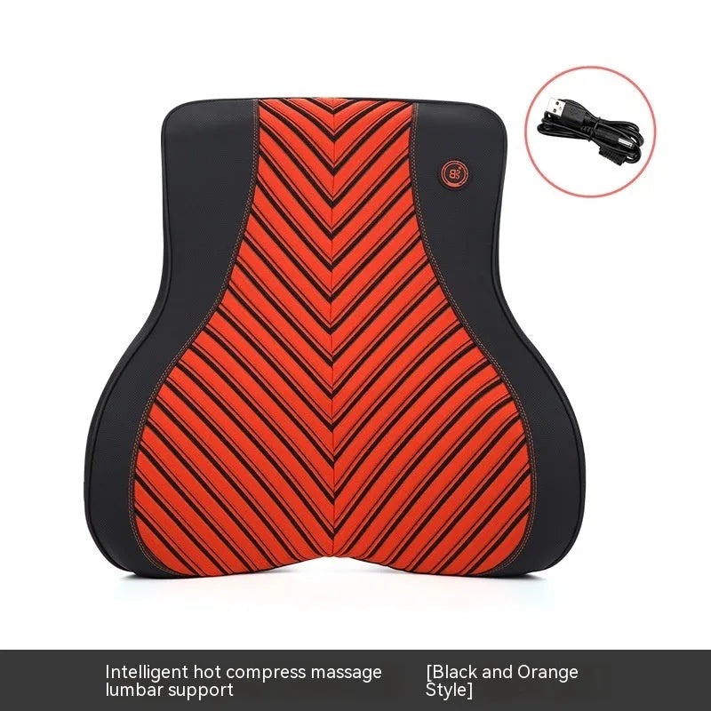 Car electric massage heating headrest lumbar support pillow with memory foam in black and orange