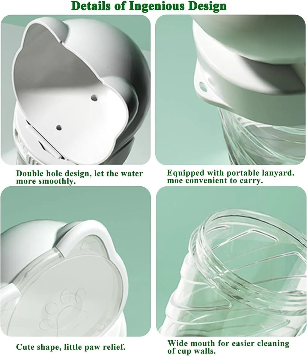 Green 3-in-1 portable pet water bottle with food container and strap, showing rotary switch and bowl.