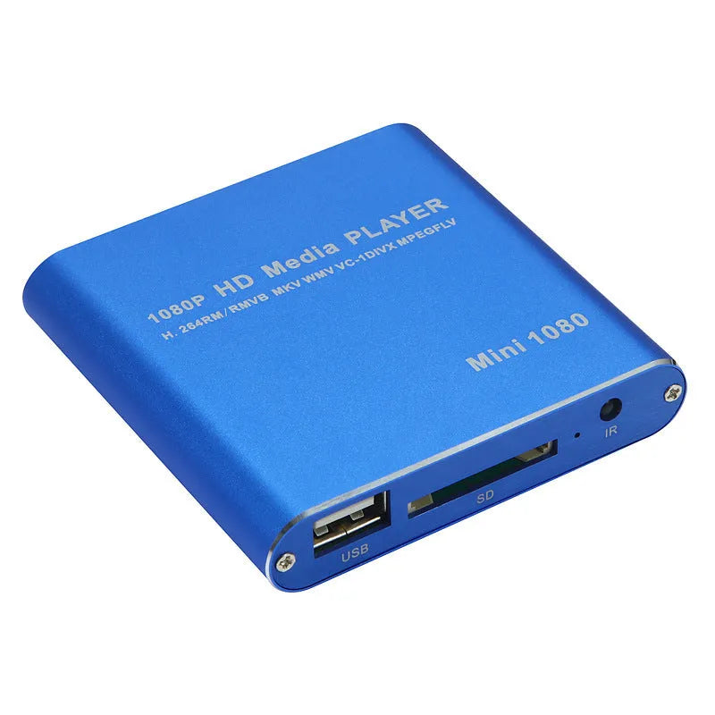 Compact blue or black all-metal 1080p Full HD media player with remote control
