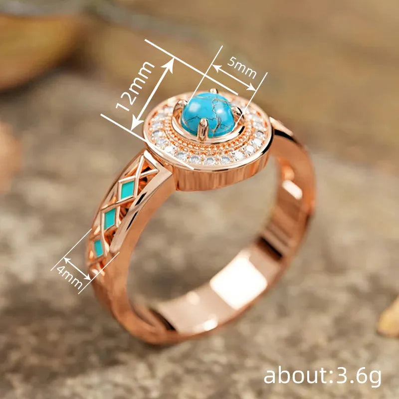 Women's ethnic geometric ring with turquoise accents and rose gold finish on copper