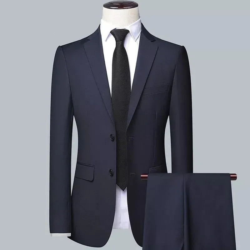 Men's three-piece slim fit Korean style business suit set in black with jacket, trousers, and tie