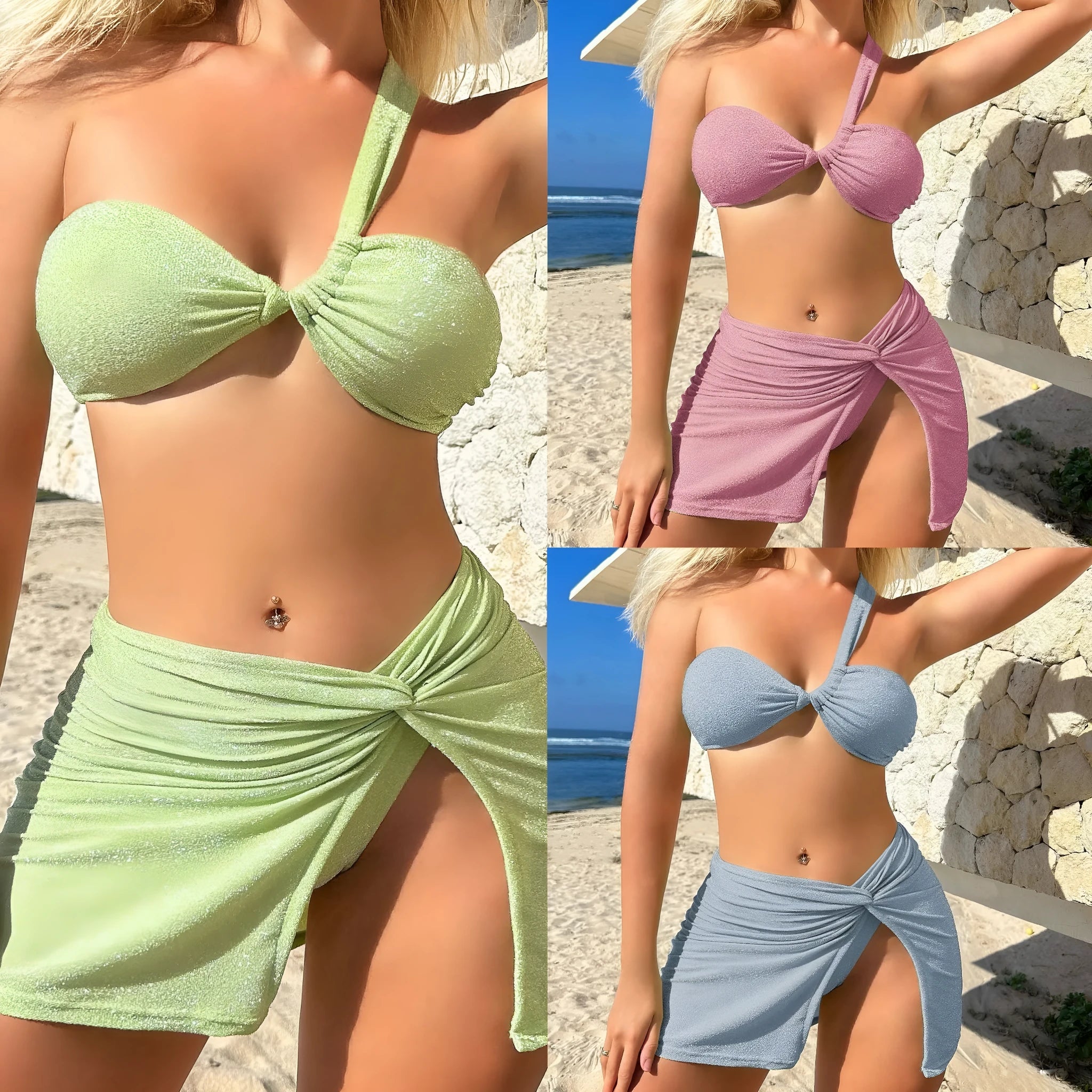 Light green one-shoulder tube top swimsuit set with matching bikini bottom and skirt.