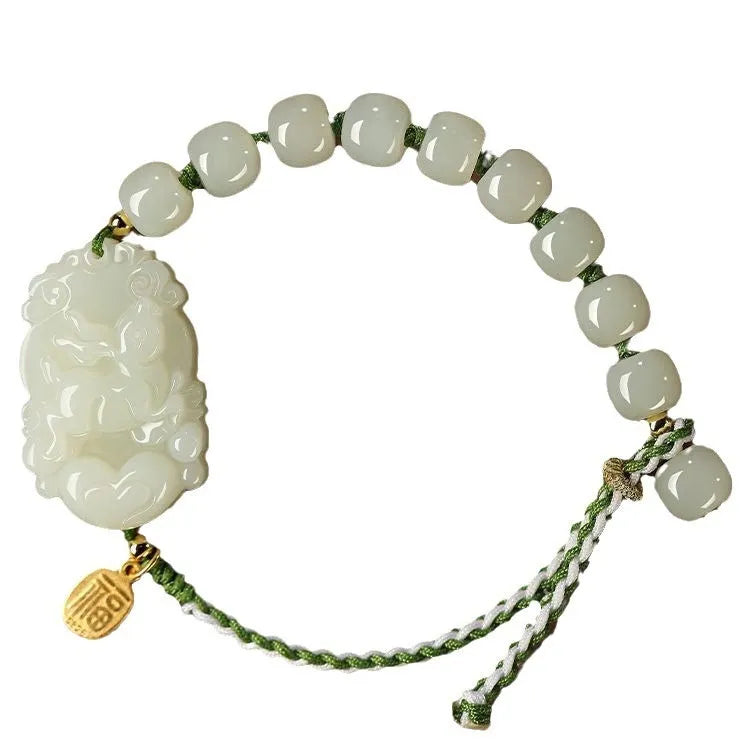 Year of Rabbit Hetian jade bunny bracelet with S925 silver blessing card on red ice cotton rope