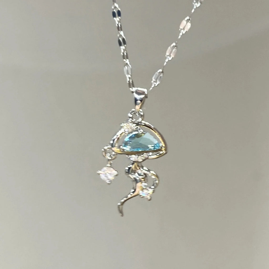 S925 sterling silver blue jellyfish pendant necklace on white gold colour chain with diamond finish