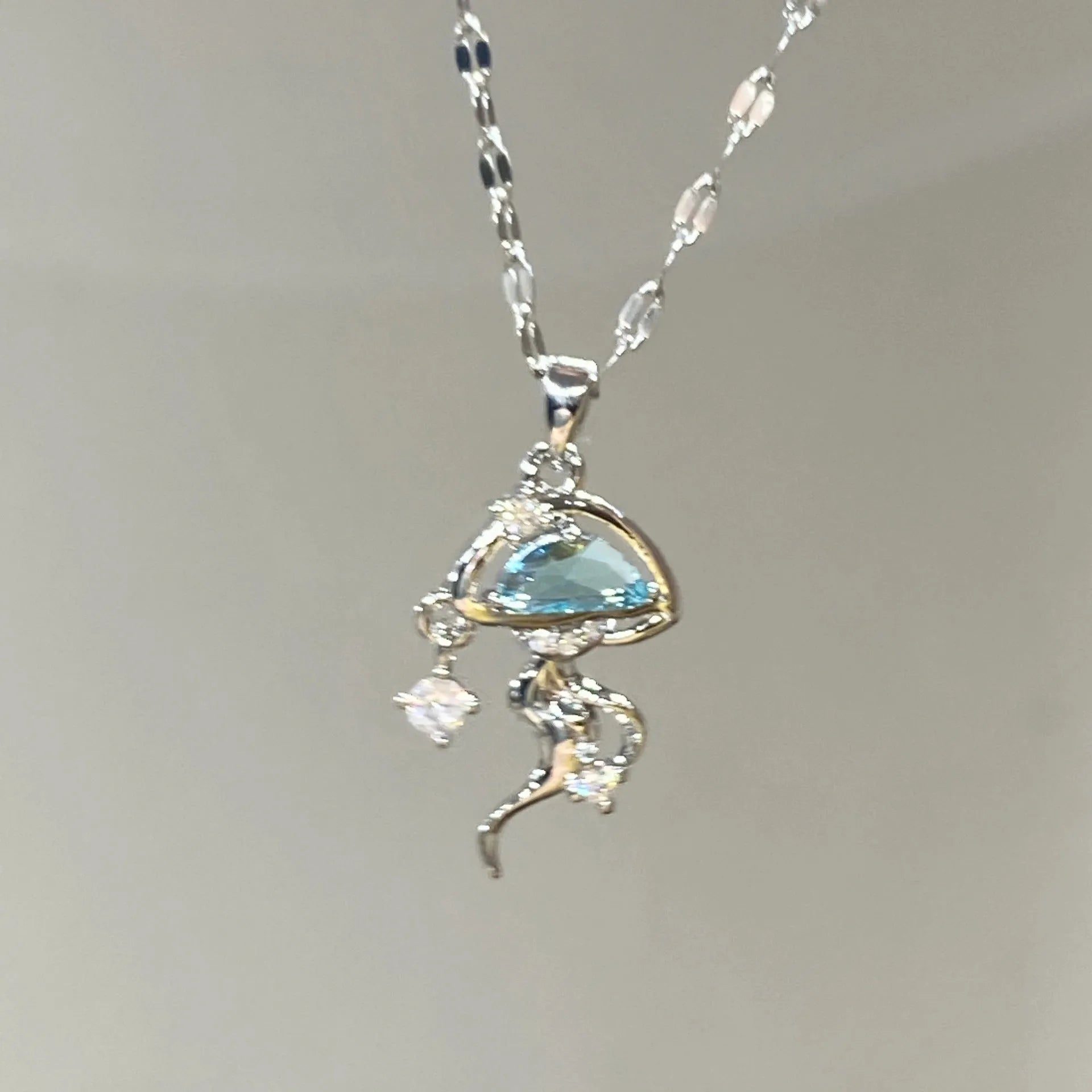 S925 sterling silver blue jellyfish pendant necklace on white gold colour chain with diamond finish