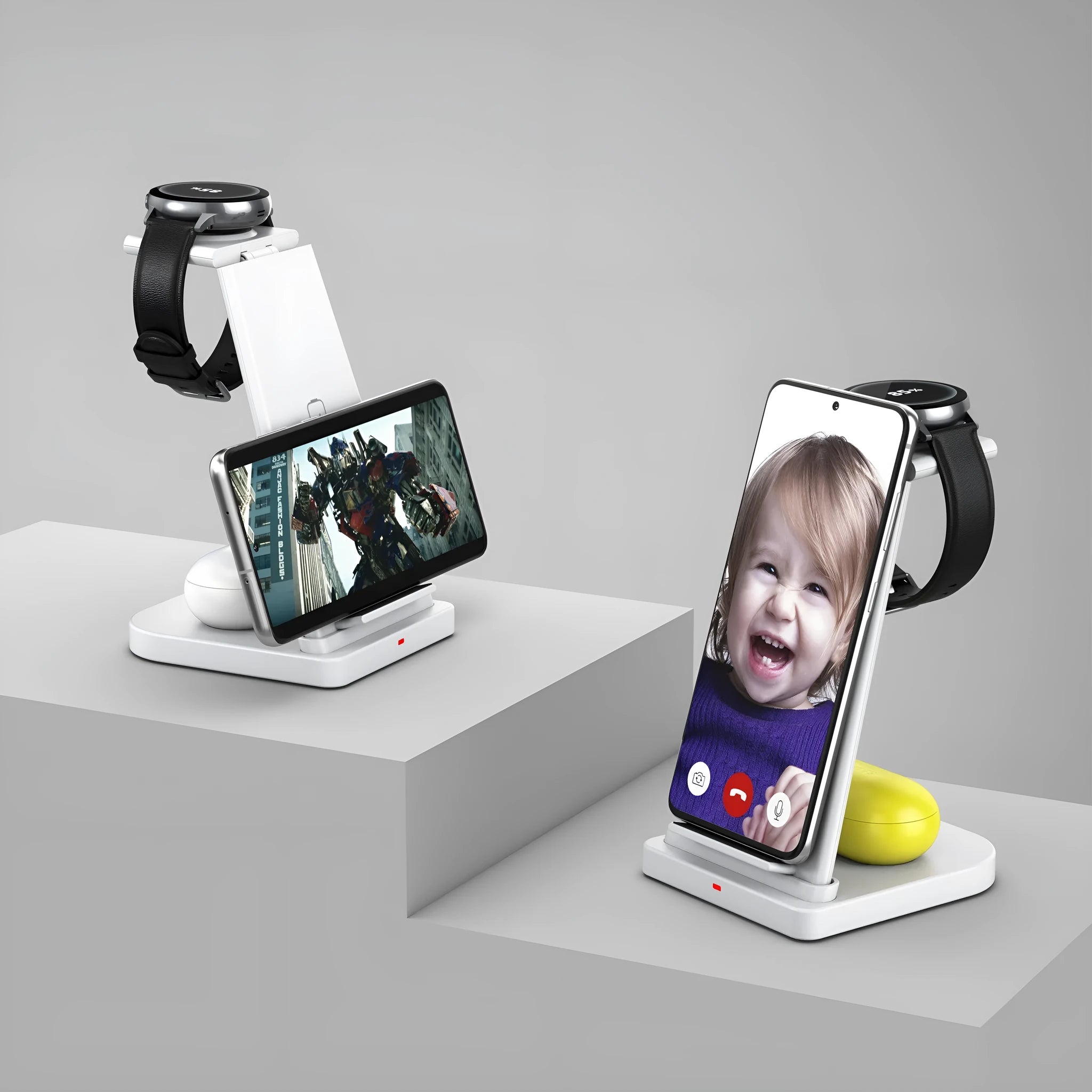 Three-in-one wireless charger for Samsung phone and watch in black with removable charging board and foldable watch stand on a table