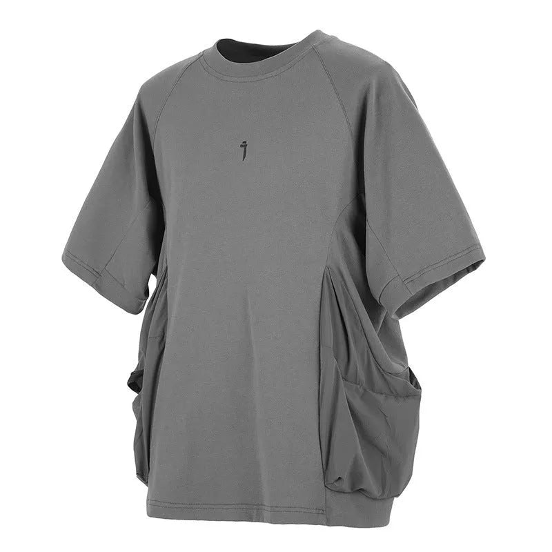 Men's loose casual T-shirt with big pockets round neck short sleeve in black