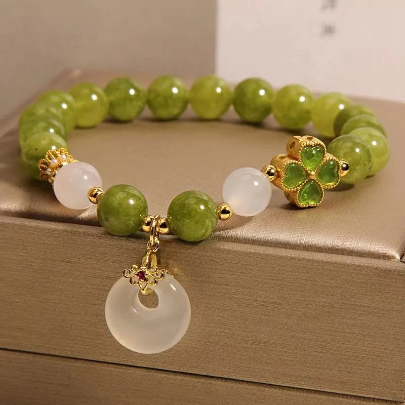 Natural stone green tourmaline women's bracelet with four-leaf clover safety buckle in New Chinese style drop shape geometric design green colour