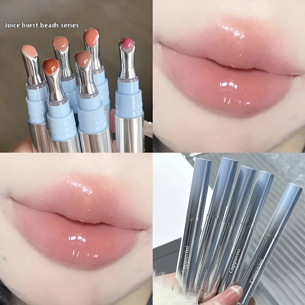 Mirror Water Light Lipstick in slim tube showing six translucent shade options