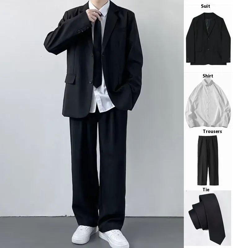 Plus size men's college style suit set with loose fit jacket, trousers, white shirt and tie for spring and autumn wear