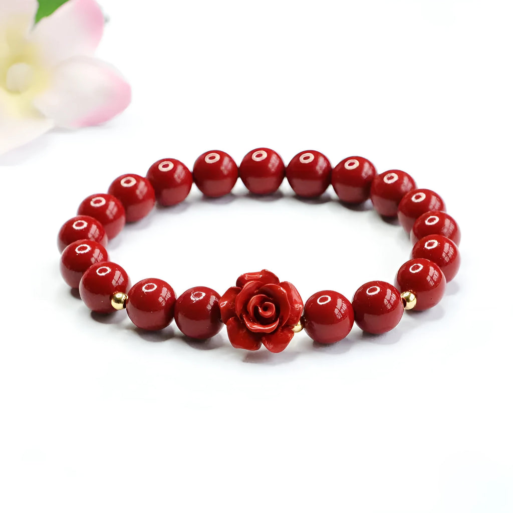 Natural cinnabar bracelet with 8mm rose-shaped beads in purple gold sandstone finish