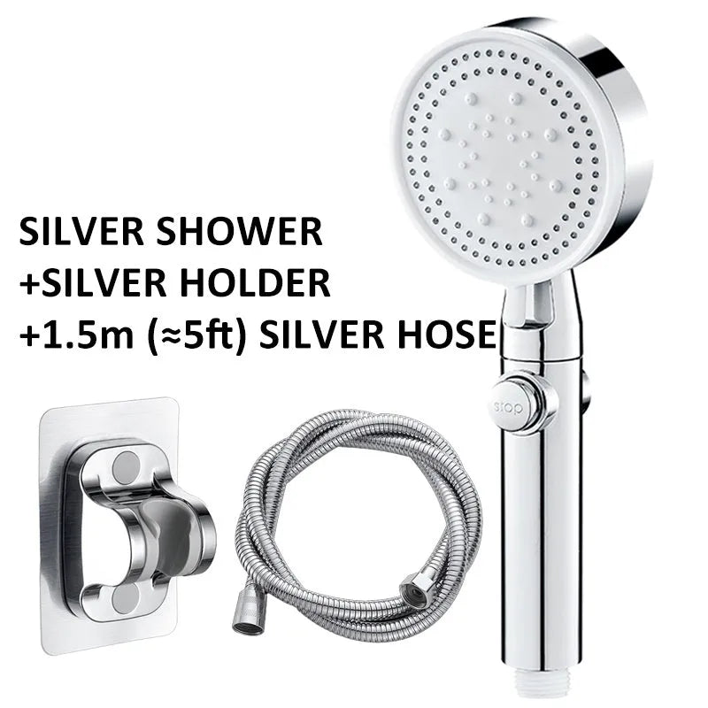 ABS pressurised 5-speed handheld shower head with large water output, 1.5m encrypted hose, in black finish