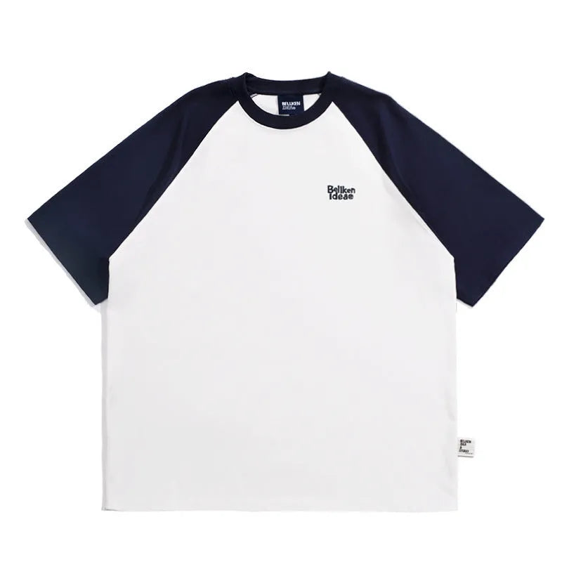 Blue loose-fit men's casual raglan sleeve T-shirt on a hanger.