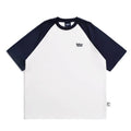 Blue loose-fit men's casual raglan sleeve T-shirt on a hanger.