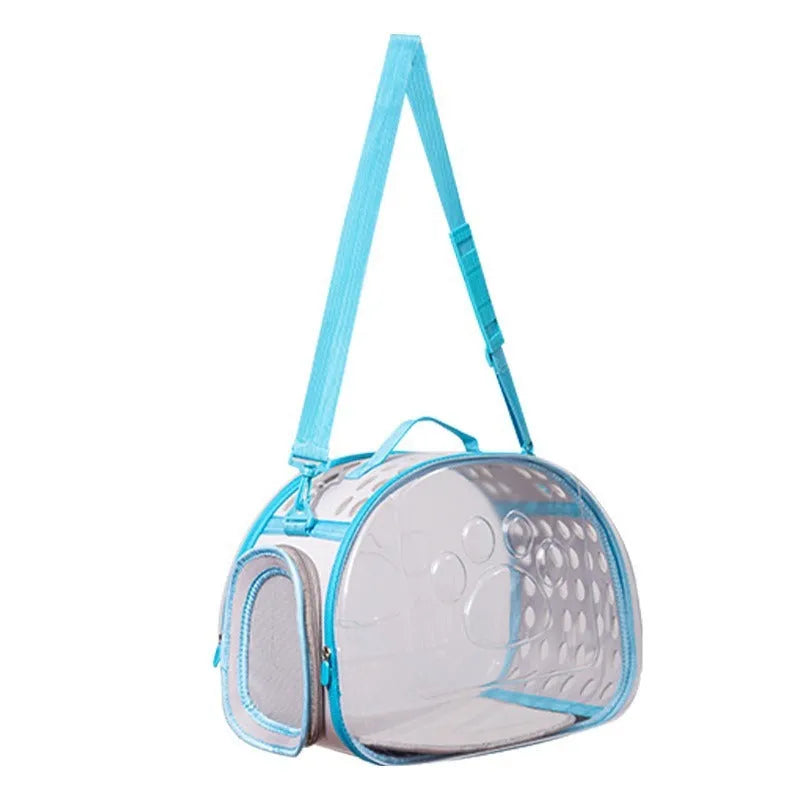 Transparent hard-shell cat backpack carrier in large size, shown in lake blue colour