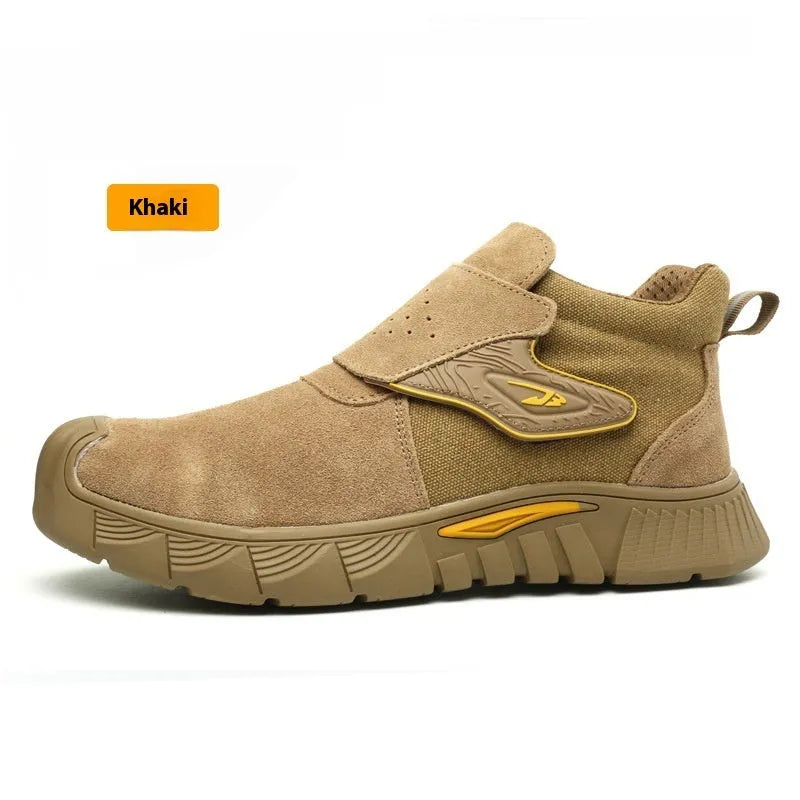 High-top steel toe cap work shoes with anti-penetration sole and front lace-up closure