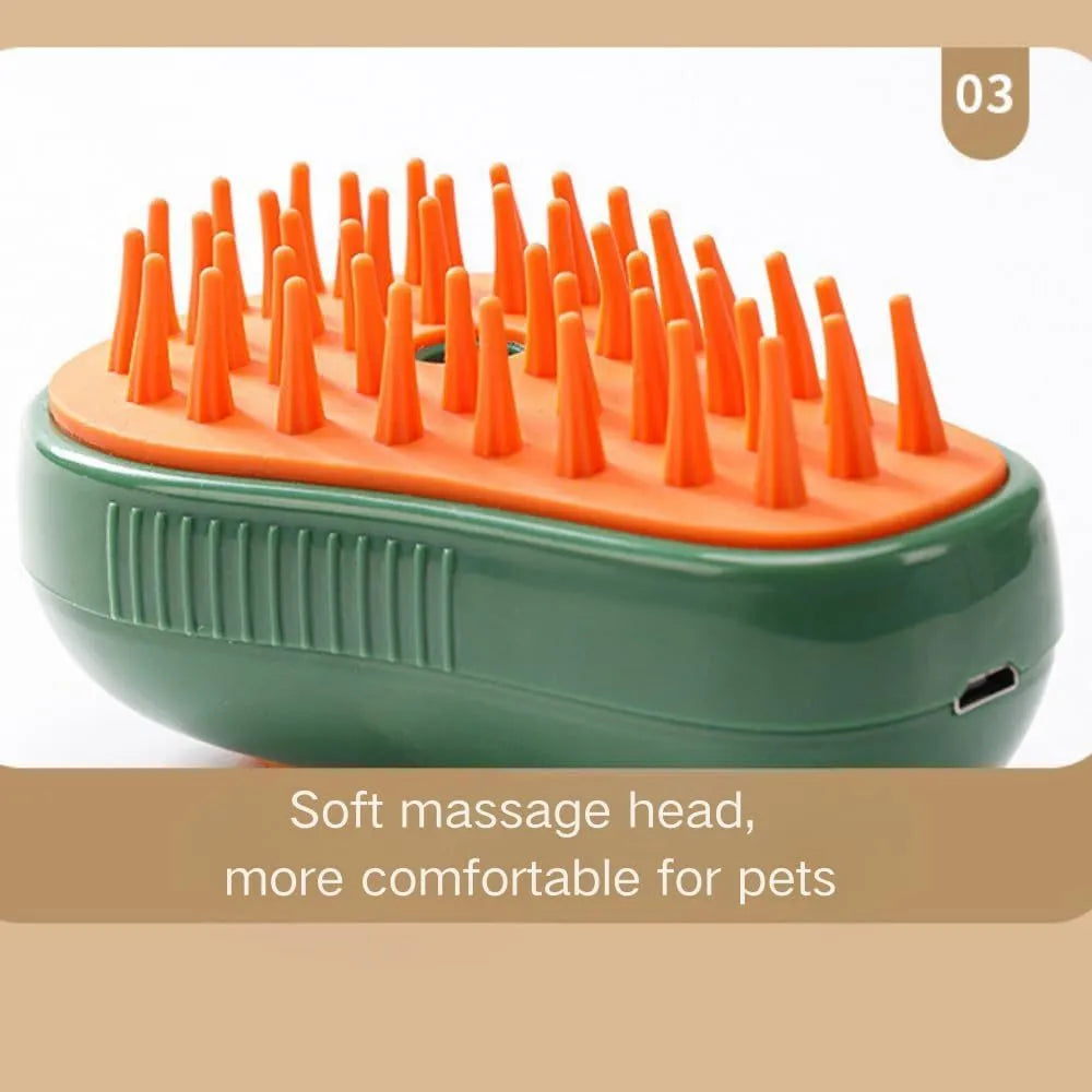 Green rechargeable cat steam brush with water spray nozzle and soft silicone teeth on a white background.