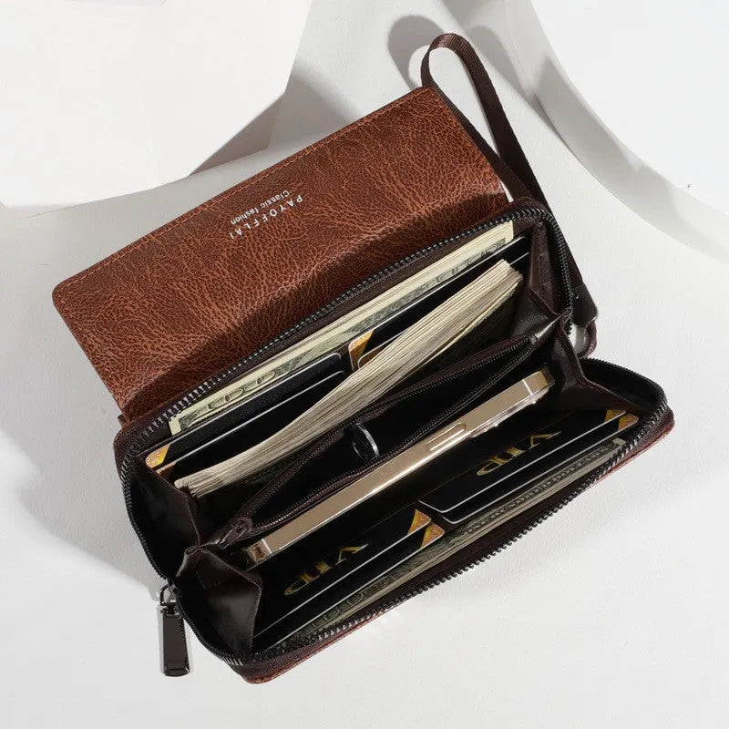 Men's black PU leather bi-fold wallet showing multiple card slots and compact 19cm design