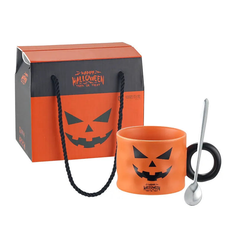 Pumpkin ceramic mug with handle, 15cm height, orange colour, includes dessert spoon and gift box, Halloween party favour