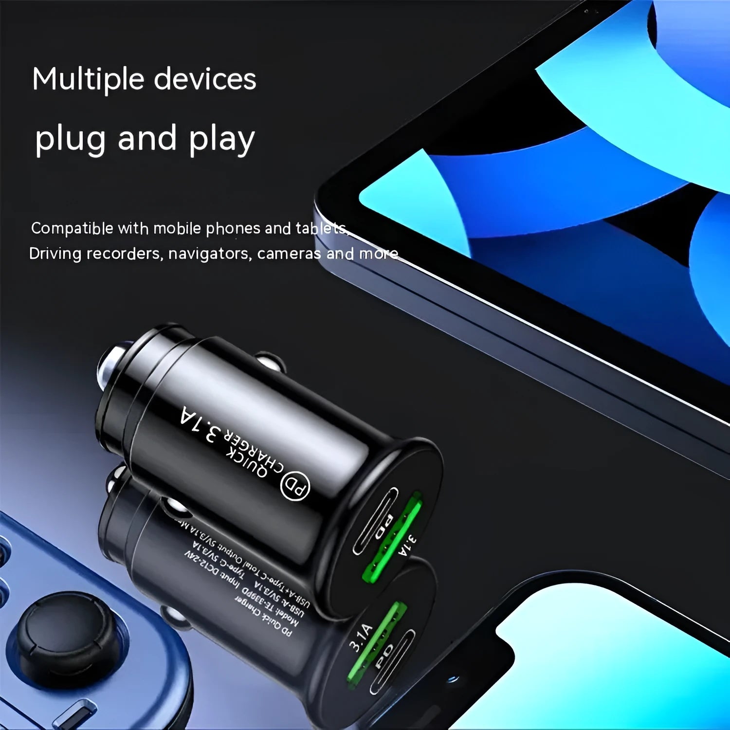 Black and white dual-port car charger converter for vehicle cigarette lighter sockets