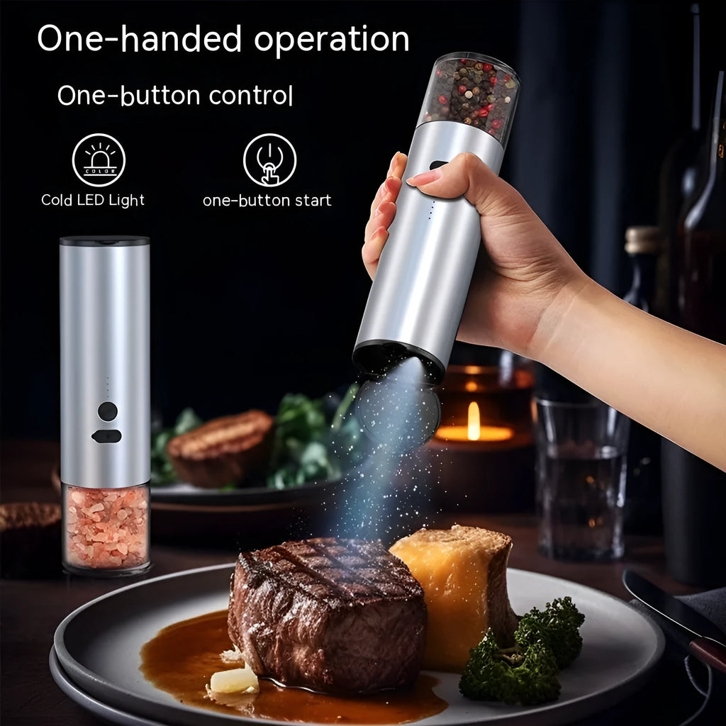 White electric salt and pepper grinder set with LED light and USB charging base