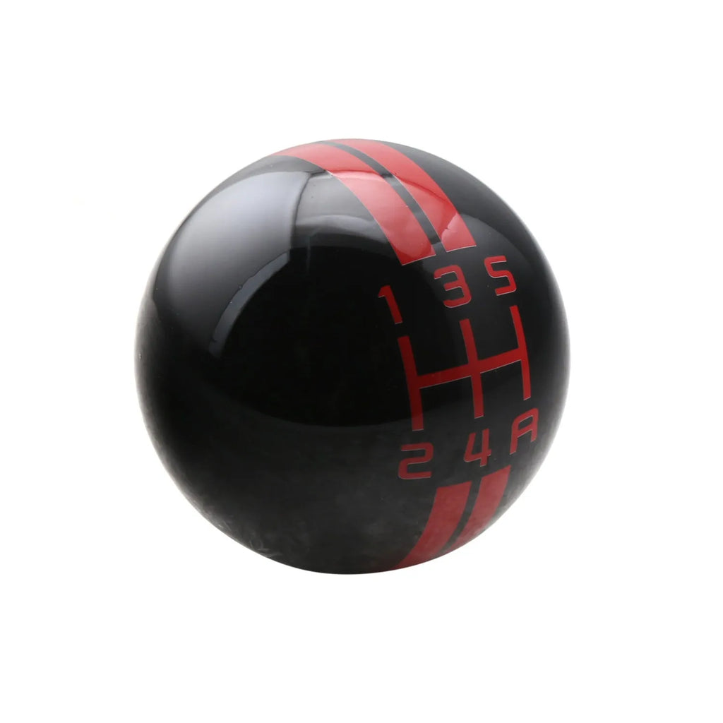 Black acrylic 5-speed manual gear head with red lettering on a white background