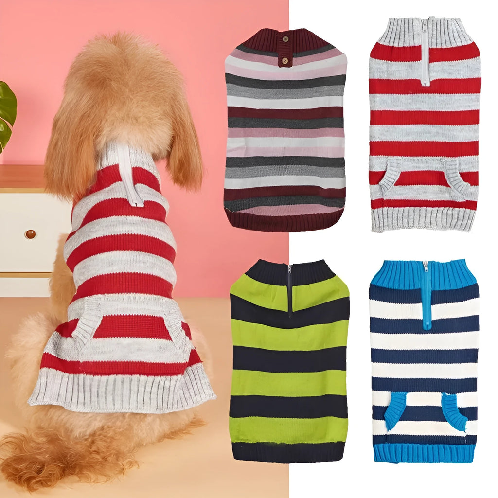 Grey acrylic dog jumper with horizontal zipper and button pocket on small dog