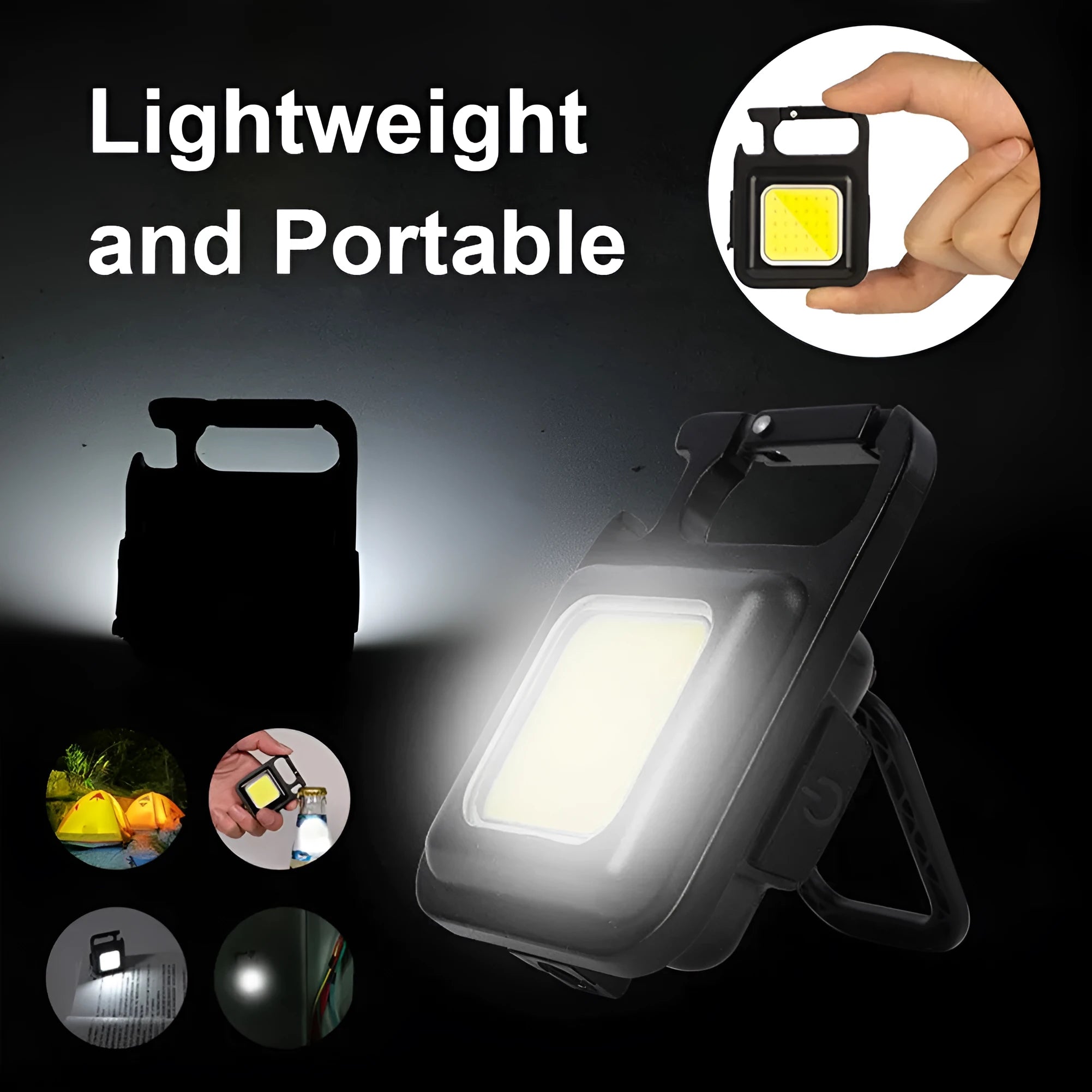 Black aluminium alloy COB keychain light with magnetic base, foldable handle, and key ring, 6x4.2cm