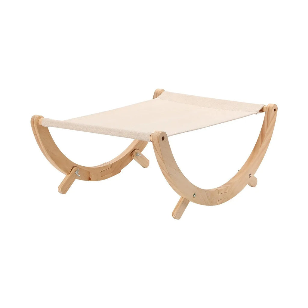 Solid wood foldable cat shaker bed hammock with canvas fabric option on a floor