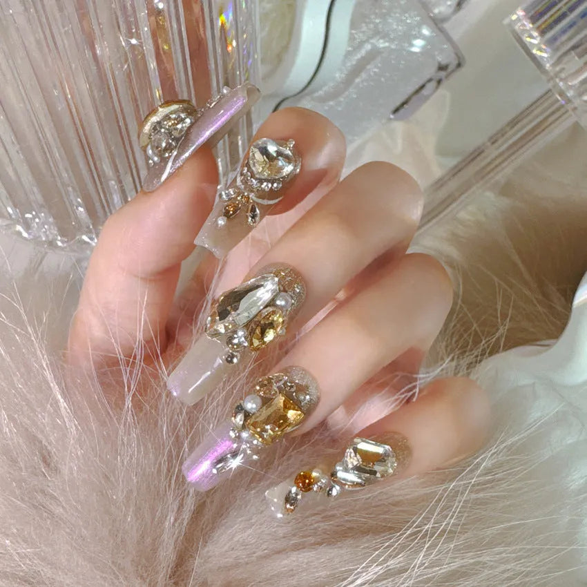 Rhinestone detailed false nail patches with S size in card packaging with adhesive or tool options