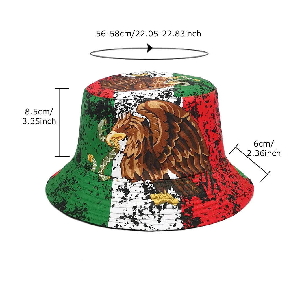 Retro eagle pattern bucket hat in size M with dome crown and polyester fabric