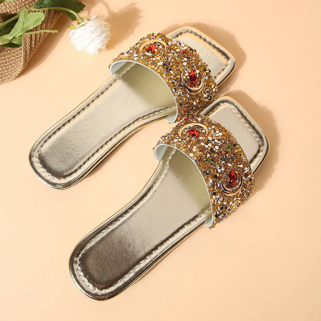 Women's gold flat slippers with rhinestone sequins on PU upper, rubber sole, sizes 36-43