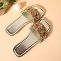 Women's gold flat slippers with rhinestone sequins on PU upper, rubber sole, sizes 36-43