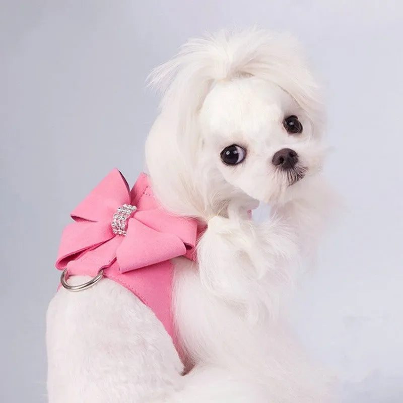 Cute bowknot puppy chest strap harness in microfiber available in pink, blue and orange colours
