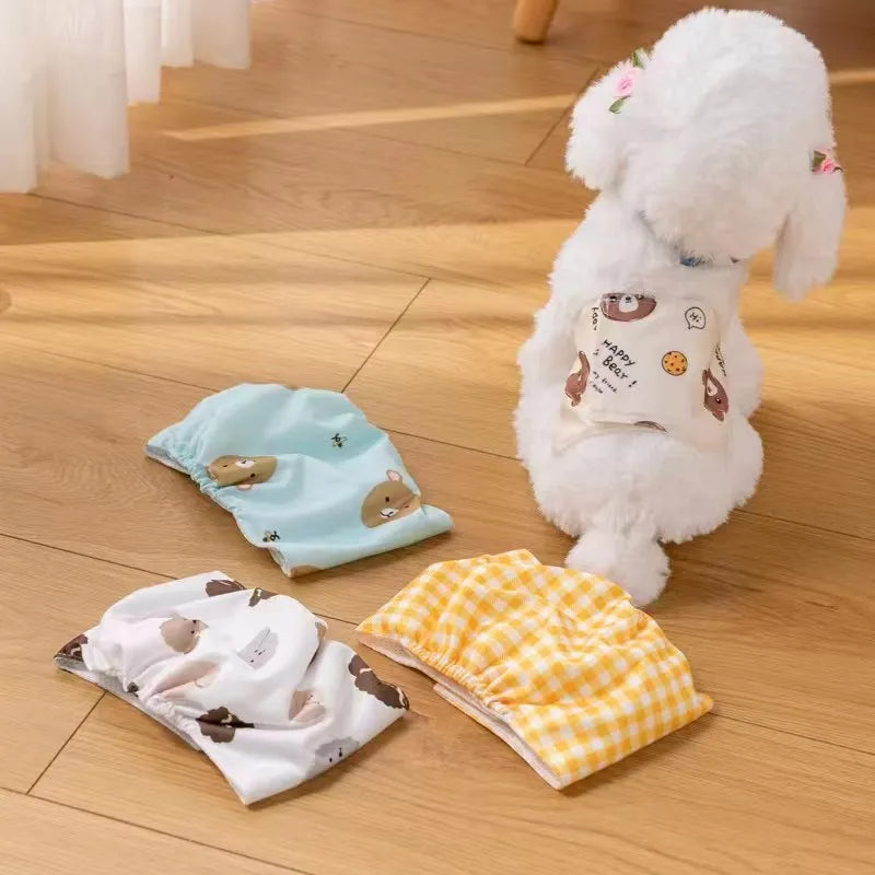 Pet sanitary pant reusable dog nappy with fastener tape and elastic waistband in blue bear pattern