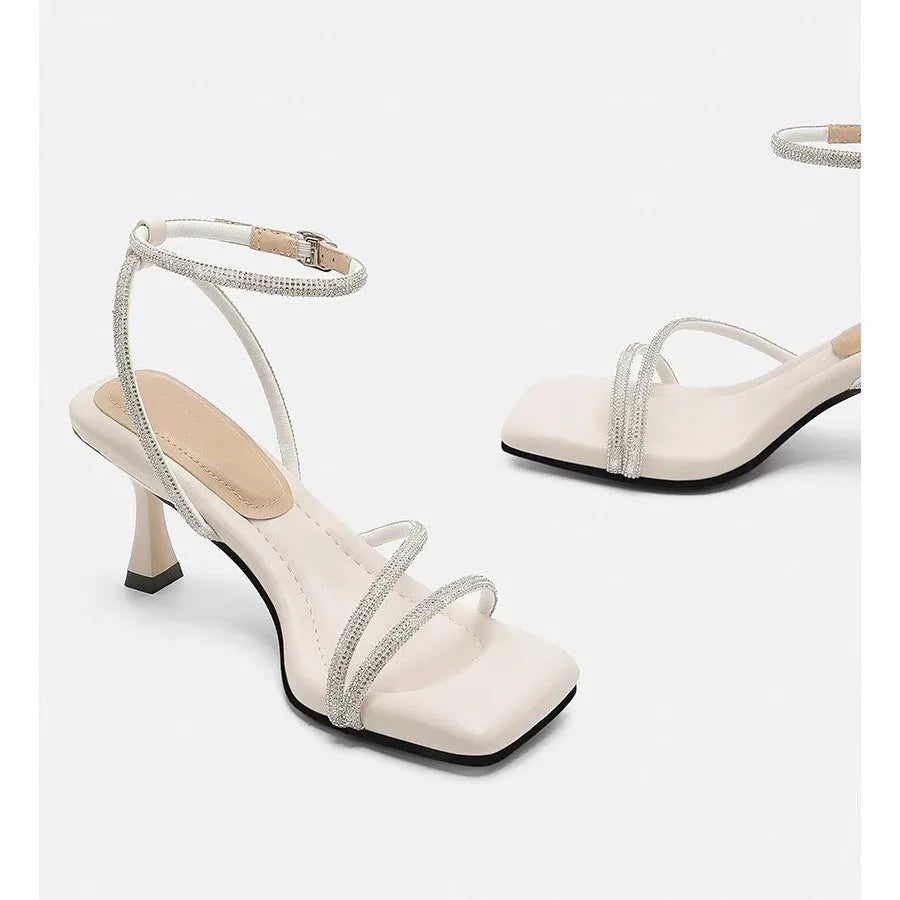 Women's rhinestone sandals with drooping effect square toe ankle-strap buckle PU upper rubber sole silver colour