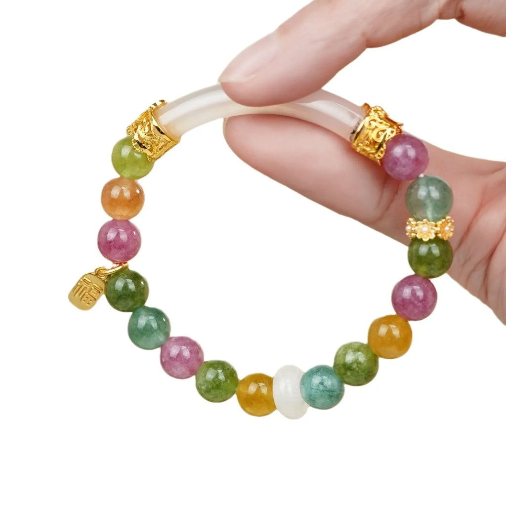 Natural jade rainbow tourmaline half bracelet for women with electroplated finish, 20g weight