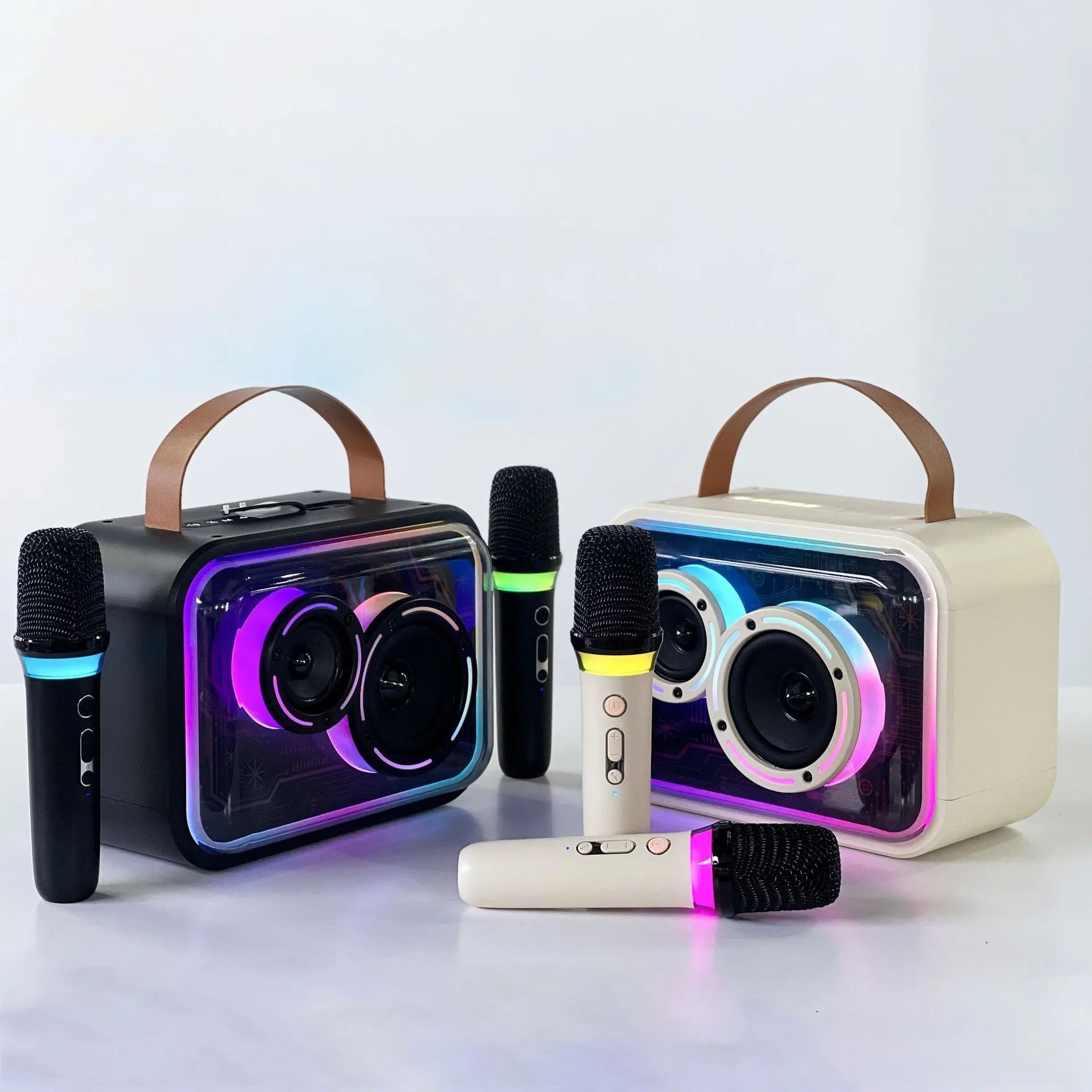 Portable Bluetooth karaoke speaker with RGB lights, black finish, showing speaker grille and control panel