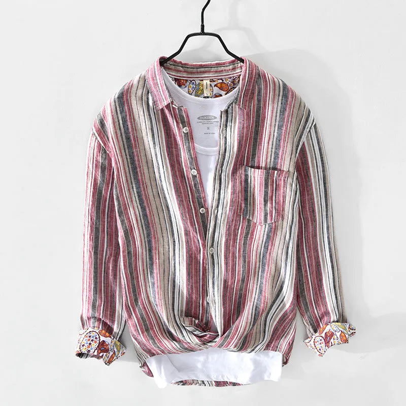 Men's striped linen shirt with long sleeves in red or grey colour options