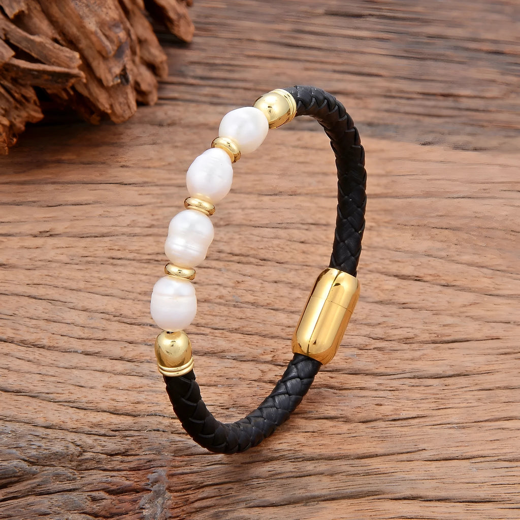 Unisex irregular pearl bracelet on leather cord, white pearl with gold accent, handmade Korean style
