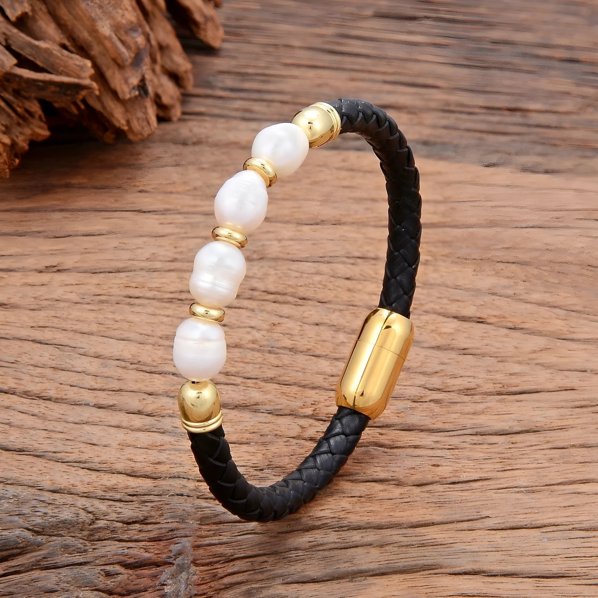 Unisex irregular pearl bracelet on leather cord, white pearl with gold accent, handmade Korean style