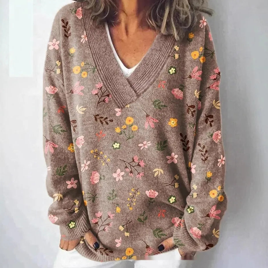 Women's V-neck long sleeve sweatshirt with a 3D floral print in an art retro style.