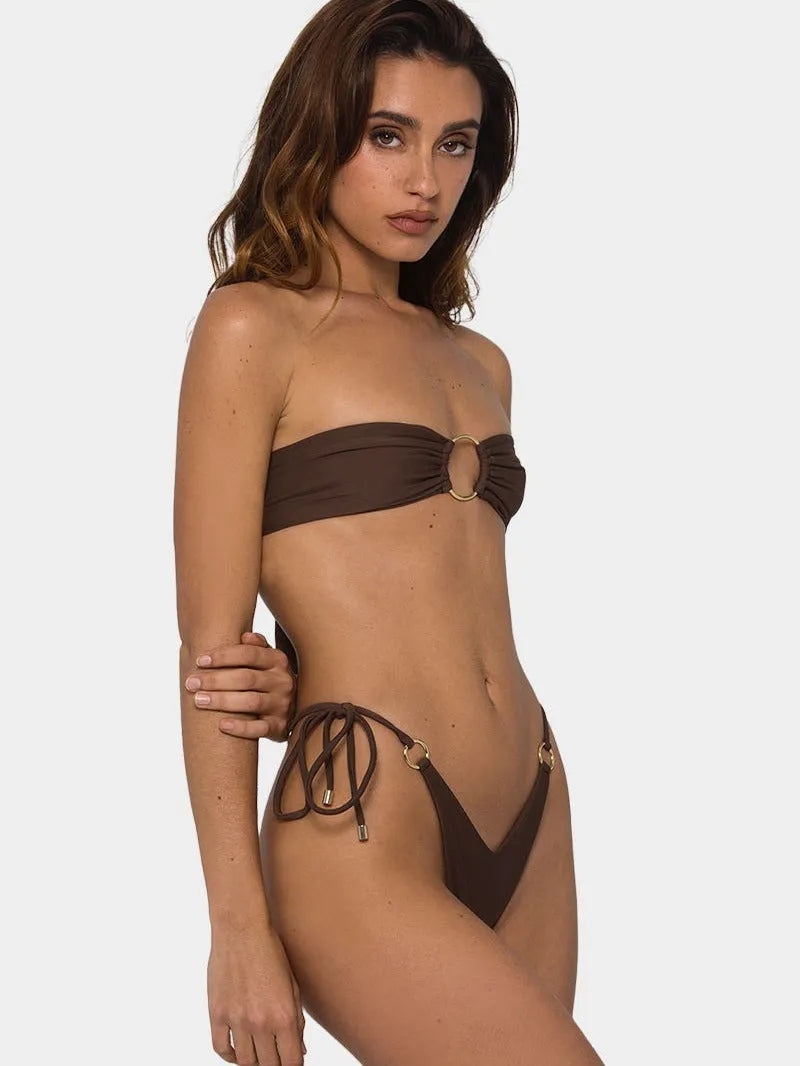 Brown women's bikini swimsuit with tube-top ring tether design and split high-cut legs