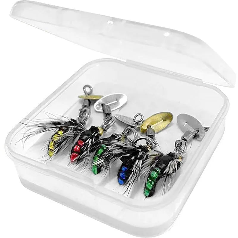 Bionic poisonous mosquito hook 5 pieces fishing set with multicolor spinning sequins and feather dressing